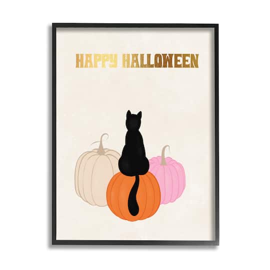 Stupell Industries Happy Halloween Black Cat Pumpkins Framed Giclee Art